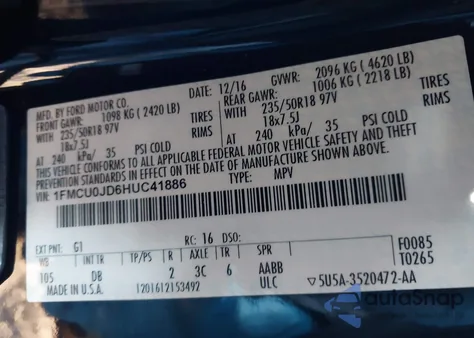 2017 Ford Escape Titanium из США, поврежденный, VIN 1FMCU0JD6HUC41886